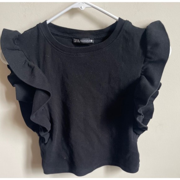 ZARA Black‎ Ribbed Ruffled Sleeve Crop Sz Small - Picture 4 of 6
